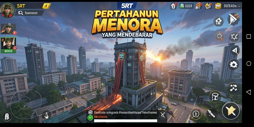 Tangkapan layar utama 5RT menampilkan aksi menara pertahanan yang epic.