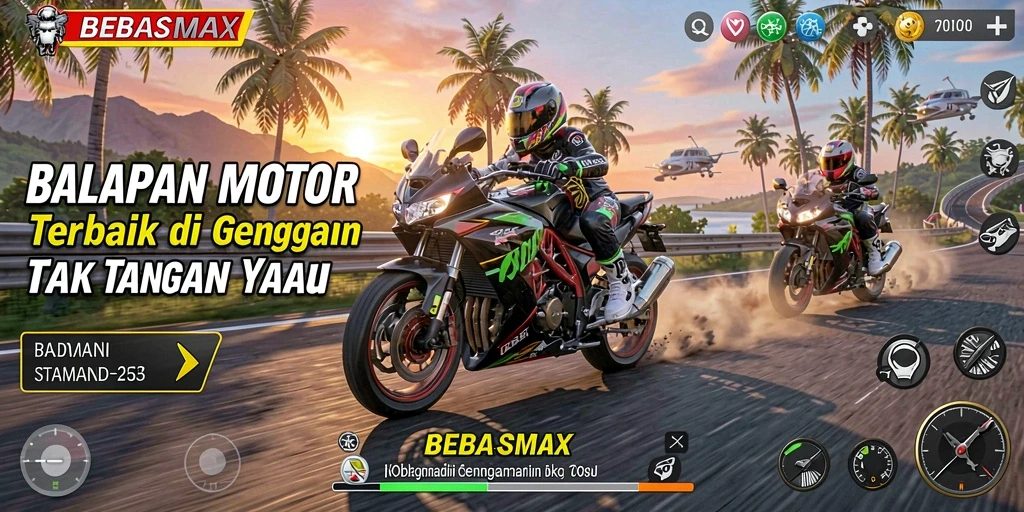 Tangkapan layar <strong>BEBASMAX</strong> menampilkan aksi balapan motor yang seru dan dinamis.