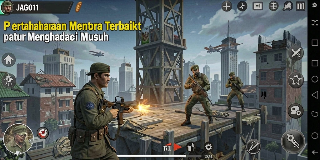 Tampilan gameplay JAGO11 dengan berbagai strategi pertahanan menara.