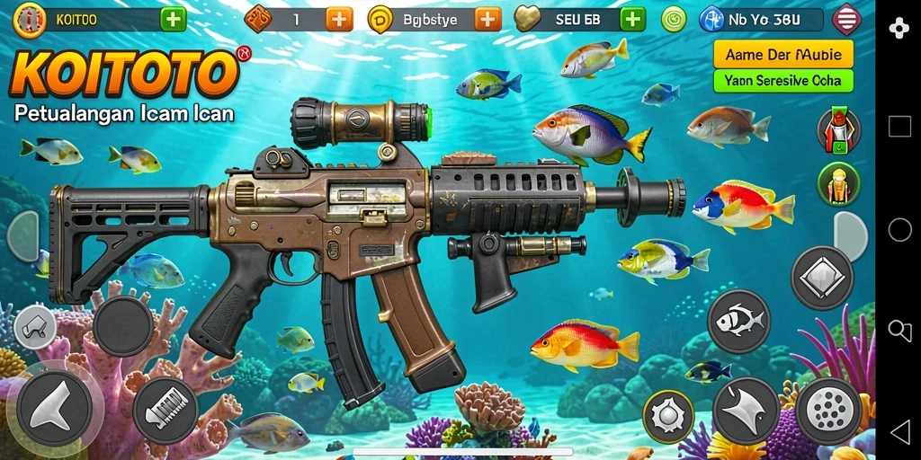 Screenshot gameplay KOITOTO menampilkan aksi menembak ikan yang mendebarkan.